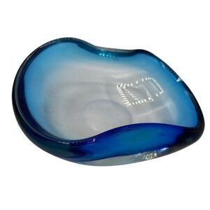 Italian Art Glass Candy Dish Murano Blue Swirl Vintage Ashtray Accent Bowl Heavy